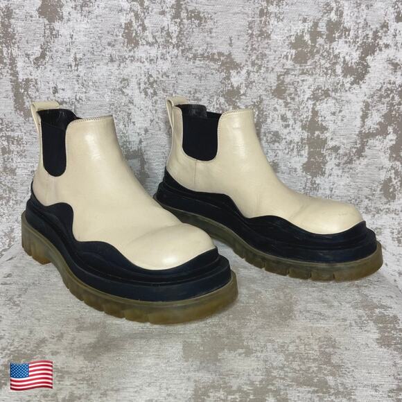 Bottega Veneta Tire Leather & Rubber Chelsea Boots in Off White/Black - Picture 1 of 10